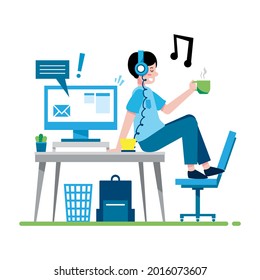 Procrastination concept. Home online work, freelance. Postponed cases. Quarantine self-isolation. Burning deadline. Sleepy person idleness, break. Overload, fatigue. Lazy, tired office worker. Vector