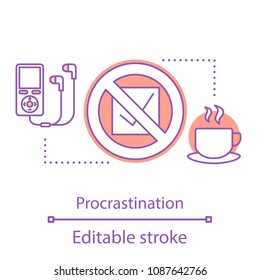 Procrastination concept icon. Wasting time idea thin line illustration. Laziness. Vector isolated outline drawing. Editable stroke