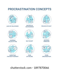 Procrastination concept icons set. Poor organization idea thin line RGB color illustrations. Guilt feeling. Ignoring time value. Decision paralysis. Vector isolated outline drawings. Editable stroke