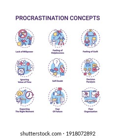 Procrastination concept icons set. Poor organization idea thin line RGB color illustrations. Willpower lacking. Self doubt. Decision paralysis. Vector isolated outline drawings. Editable stroke