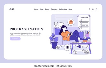 Procrastination concept illustration highlighting a relaxed setting with a person distracted by a smartphone. The surroundings include scattered papers, houseplants, and a furry companion, portraying