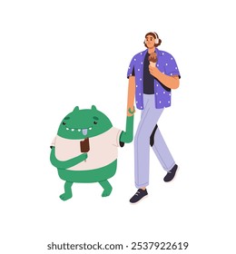 Procrastination concept. Irresponsible man chooses to relax, walks instead work. Careless, lazy person with self discipline, bad time management. Flat isolated vector illustration on white background