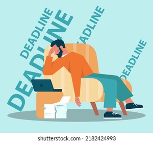 Procrastination concept. Lazy character laying or sleeping postponing paperwork. Unprofitable time, do it later. Flat vector illustration