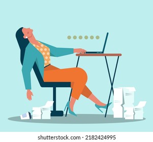 Concepto de aplazamiento. Carácter perezoso tendiendo o durmiendo postergando papeles. Tiempo no rentable, hazlo más tarde. Ilustración vectorial plana