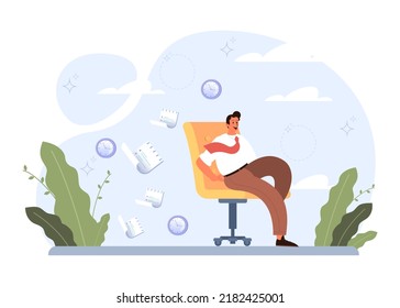 Procrastination concept. Lazy character laying or sleeping postponing paperwork. Unprofitable time, do it later. Flat vector illustration