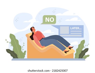Procrastination concept. Lazy character laying or sleeping postponing paperwork. Unprofitable time, do it later. Flat vector illustration