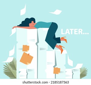 Procrastination concept. Lazy character laying or sleeping postponing paperwork. Unprofitable time, do it later. Flat vector illustration