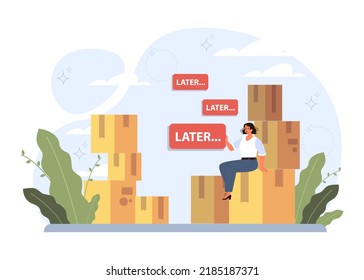 Procrastination concept. Lazy character laying or sleeping postponing paperwork. Unprofitable time, do it later. Flat vector illustration