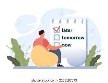 Procrastination concept. Lazy character laying or sleeping postponing paperwork. Unprofitable time, do it later. Flat vector illustration