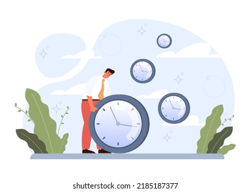 Concepto de aplazamiento. Carácter perezoso tendiendo o durmiendo postergando papeles. Tiempo no rentable, hazlo más tarde. Ilustración vectorial plana