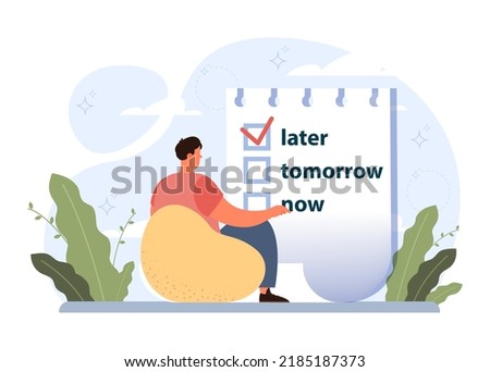 Procrastination concept. Lazy character laying or sleeping postponing paperwork. Unprofitable time, do it later. Flat vector illustration