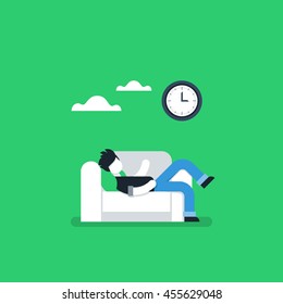 Procrastination Concept, Lazy Man On Sofa, Couch Potato, Tired Person, Lying Down On Back, Passive Time Spending