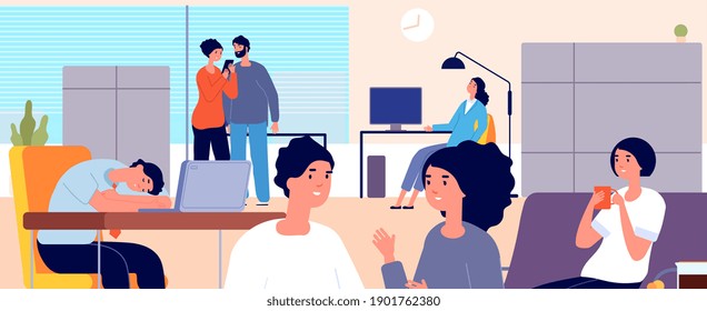 Procrastination concept. Lazy office people, working man sleeping at desk. Girl drink coffee, managers talking and relaxes utter vector illustration