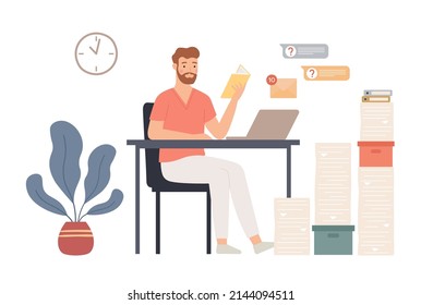 Procrastination concept. Male employee sitting at workplace and reading book. Unproductive worker postpone paperwork and tasks. Unprofitable time spending and useless pastime vector