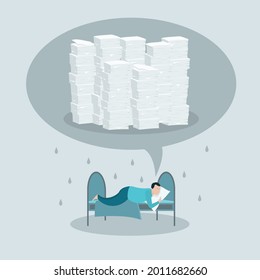 Procrastination concept. Man doesn't want to get out of bed presenting a lot of paperwork. Vector illustration.
