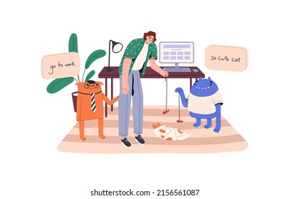 Procrastination concept. Person procrastinating, delaying work, choosing to play with cute cat at home office. Lazy irresponsible employee. Flat vector illustration isolated on white background