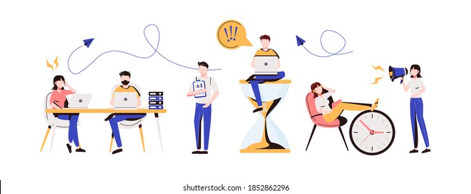 Procrastination Concept. Procrastinating Lazy Businesspeople Employees Sleeping and Sitting at Workplace with Legs on Office Desk Postponing Work Unprofitable Time. Cartoon Flat Vector Illustration