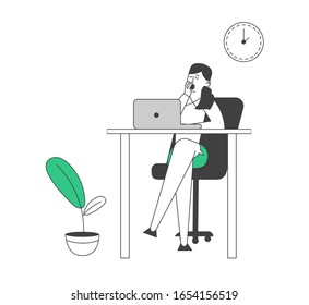 Procrastination Concept. Procrastinating Lazy Businesswoman Employee Yawning at Workplace Sitting at Office Desk. Postponing Work, Unprofitable Working Time. Cartoon Vector Illustration Linear