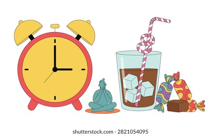 Procrastination concept with a red alarm clock, a meditating figure, iced coffee, and candies on white.