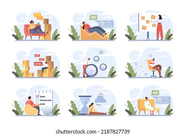 Procrastination concept set. Lazy character laying or sleeping postponing work. Unprofitable time, do it later. Flat vector illustration