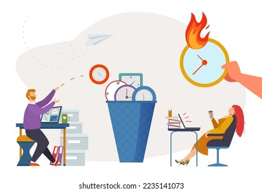 Procrastination concept, vector illustration, manager woman character waste time in work office, sleep in chair, desk with laptop computer.