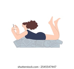 Procrastination concept. Woman with phone lies on documents and stationery oblivious to mess. Office worker spends working time on procrastination. Modern vector flat illustration