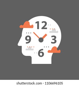 Procrastination concept, work hours and deadline, time management, clock face and head, day planning, free time,  vector flat illustration