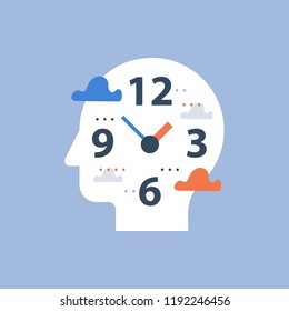 Procrastination Concept, Work Hours And Deadline, Time Management, Clock Face And Head, Day Planning, Free Time, Vector Icon, Time Perception, Being Present, Flat Illustration