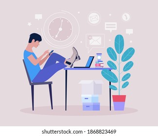 Procrastination concept. Young man resting or distracted at the phone, watching news feed or social networks. Vector illustration in a flat style