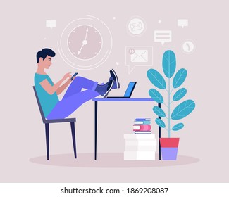 Procrastination concept. Young man resting or distracted at the phone, watching news feed or social networks. Vector illustration in a flat style