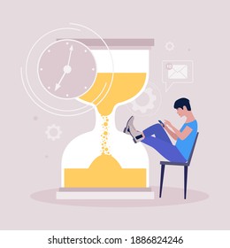 Procrastination concept. Young man resting or distracted at the phone, watching news feed or social networks against the background of the hourglass. Vector illustration in a flat style