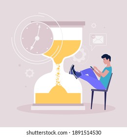 Procrastination concept. Young man resting or distracted at the phone, watching news feed or social networks against the background of the hourglass. Vector illustration in a flat style