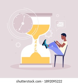 Procrastination concept. Young man resting or distracted at the phone, watching news feed or social networks against the background of the hourglass. Vector illustration in a flat style