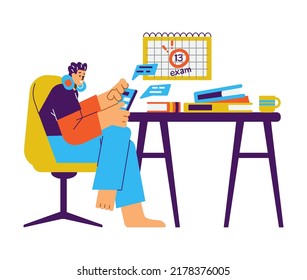 Procrastination concept with young student chatting on the phone instead of studying for exams, flat cartoon vector illustration isolated on white background.