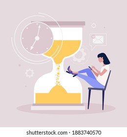 Procrastination concept. Young woman resting or distracted at the phone, watching news feed or social networks against the background of the hourglass. Vector illustration in a flat style