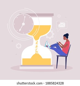 Procrastination concept. Young woman resting or distracted at the phone, watching news feed or social networks against the background of the hourglass. Vector illustration in a flat style