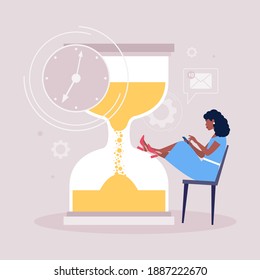 Procrastination concept. Young woman resting or distracted at the phone, watching news feed or social networks against the background of the hourglass. Vector illustration in a flat style
