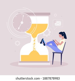 Procrastination concept. Young woman resting or distracted at the phone, watching news feed or social networks against the background of the hourglass. Vector illustration in a flat style