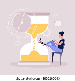 Procrastination concept. Young woman resting or distracted at the phone, watching news feed or social networks against the background of the hourglass. Vector illustration in a flat style