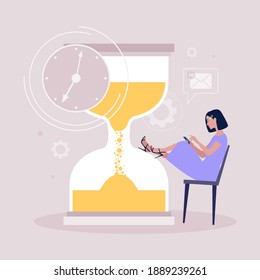 Procrastination concept. Young woman resting or distracted at the phone, watching news feed or social networks against the background of the hourglass. Vector illustration in a flat style