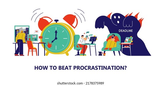 Procrastination, deadline terms and inefficient use of time banners template, flat cartoon vector illustration. Productivity and efficient time or project management.