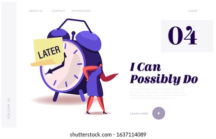 Procrastination, Delay Bad Time Management Website Landing Page. Angry Businesswoman Stand at Huge Alarm Clock with Sticky Note with Word Later on Dial Web Banner. Cartoon Flat Vector Illustration