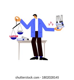 Procrastination and delaying working tasks concept. A man puts things off for posterity. Later is always the best way. Stop working just relax.