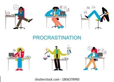 Procrastination and delaying working tasks concept. Irresponsible office employes procrastinating. Lazy people in office. Office people worker character at workplace set.