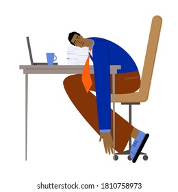 Procrastination and delaying working tasks concept. Tired or lazy businessman sleeping at working place lying on desk with computer. Stop working just relax.