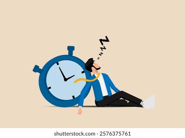 Procrastination, do it later, lazy people sleeping without knowing to wake up with a big sticky note written "later" on the alarm clock, putting off work tomorrow, unproductive concepts and excuses.