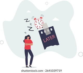 Procrastination do it later, postpone to work tomorrow, unproductive and excuse concept. character life .