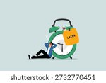 Procrastination, do it later, put it off until tomorrow, unproductive concepts and excuses, lazy people sleeping without knowing how to wake up with a big sticky note saying "later" on the alarm clock.