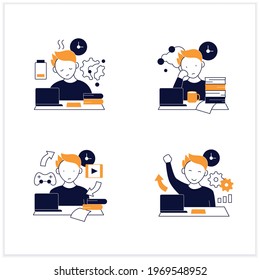 Procrastination Flat Icons Set. Fatigue, Work Procrastinating, Habits, Overcome Procrastination. Overwhelmed Concept. Vector Illustrations