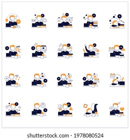 Procrastination flat icons set. Postpone unpleasant tasks for later.Delay. Lazy person. Overwhelmed concept. Vector illustrations